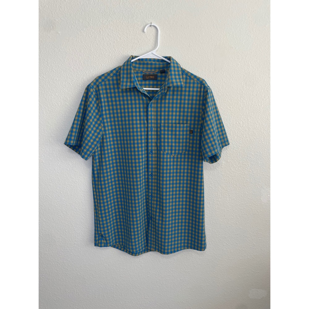 TRO Gingham Button Down Shirt Mens Medium Blue Tan Excellent Short Sleeve Check